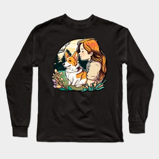 Corgi & Girl Funny Pembroke Welsh Corgi Retro Dog Lover Long Sleeve T-Shirt